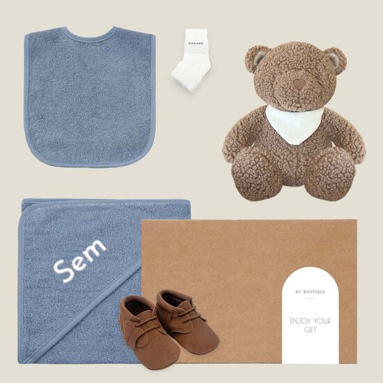 Kraamcadeau box met naam (grey/blue)
