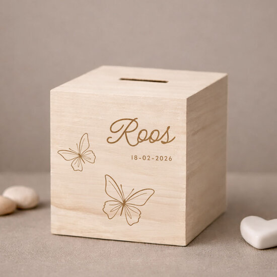Houten spaarpot met naam