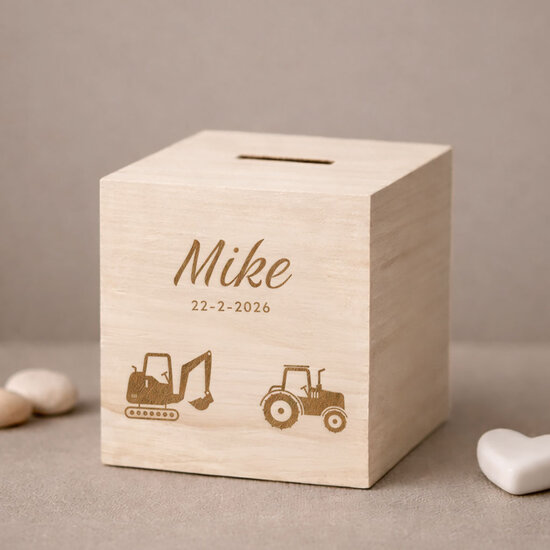 Houten spaarpot met naam