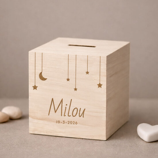 Houten spaarpot met naam