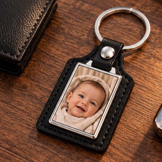Leren Sleutelhanger met Foto &ndash; Zwart 62 x 40 mm