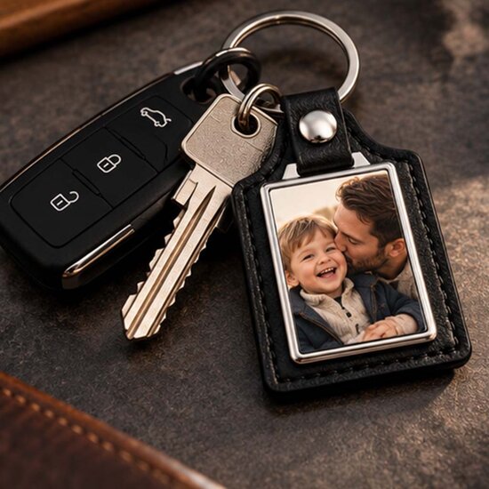 Leren Sleutelhanger met Foto &ndash; Zwart 62 x 40 mm