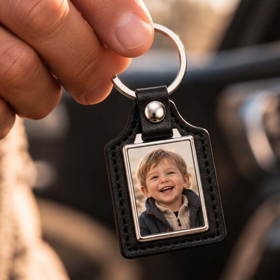 Leren Sleutelhanger met Foto &ndash; Zwart 62 x 40 mm