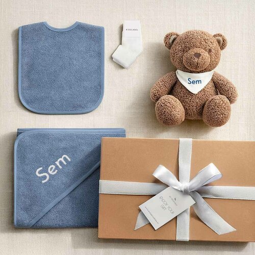 Kraamcadeau box met naam (grey/blue)