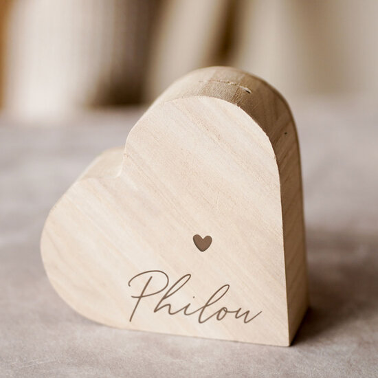 Houten spaarpot met naam - Hart